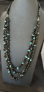 NAVAJO Black Onyx Blue Turquoise 3S Silver Necklace 30" | Sterling Silver | Authentic Native American Handmade | 19577