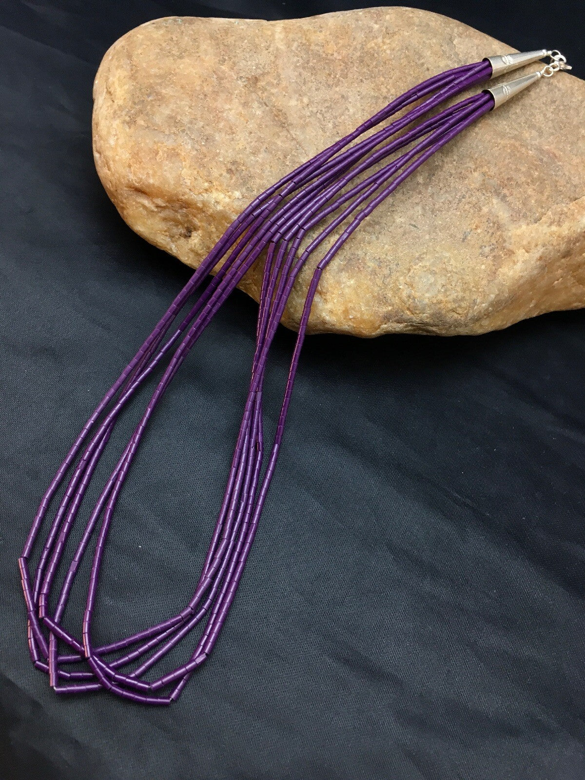 Purple Tube Heishi Stabilized 5 Strand Navajo Sterling Silver Necklace 02505