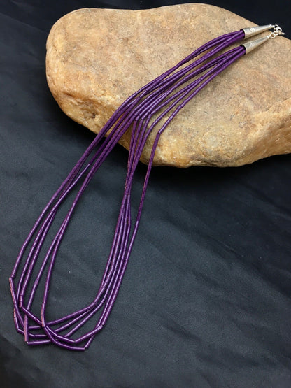 Purple Tube Heishi Stabilized 5 Strand Navajo Sterling Silver Necklace 02505