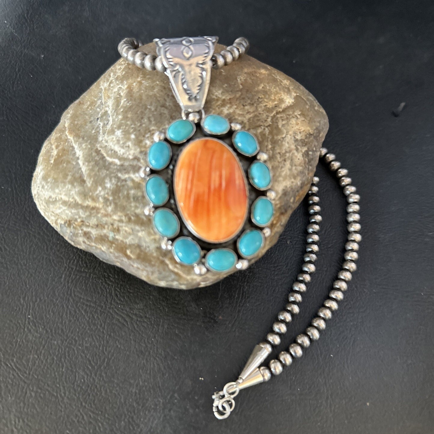 Blue Cluster Kingman Turquoise Sterling Orange Spiny Oyster Pendant 14354