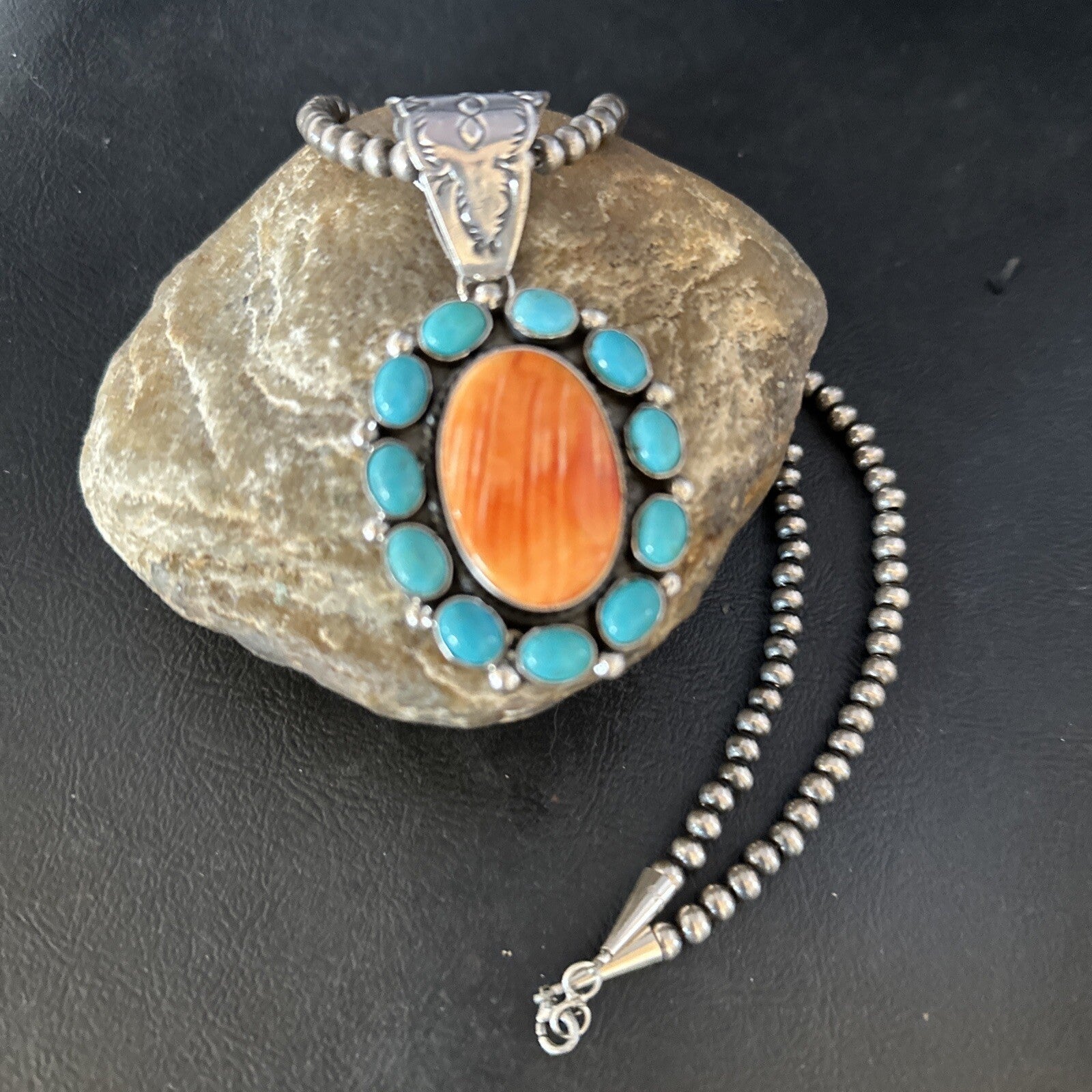 Blue Cluster Kingman Turquoise Sterling Orange Spiny Oyster Pendant 14354