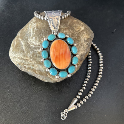 Blue Cluster Kingman Turquoise Sterling Orange Spiny Oyster Pendant 14354