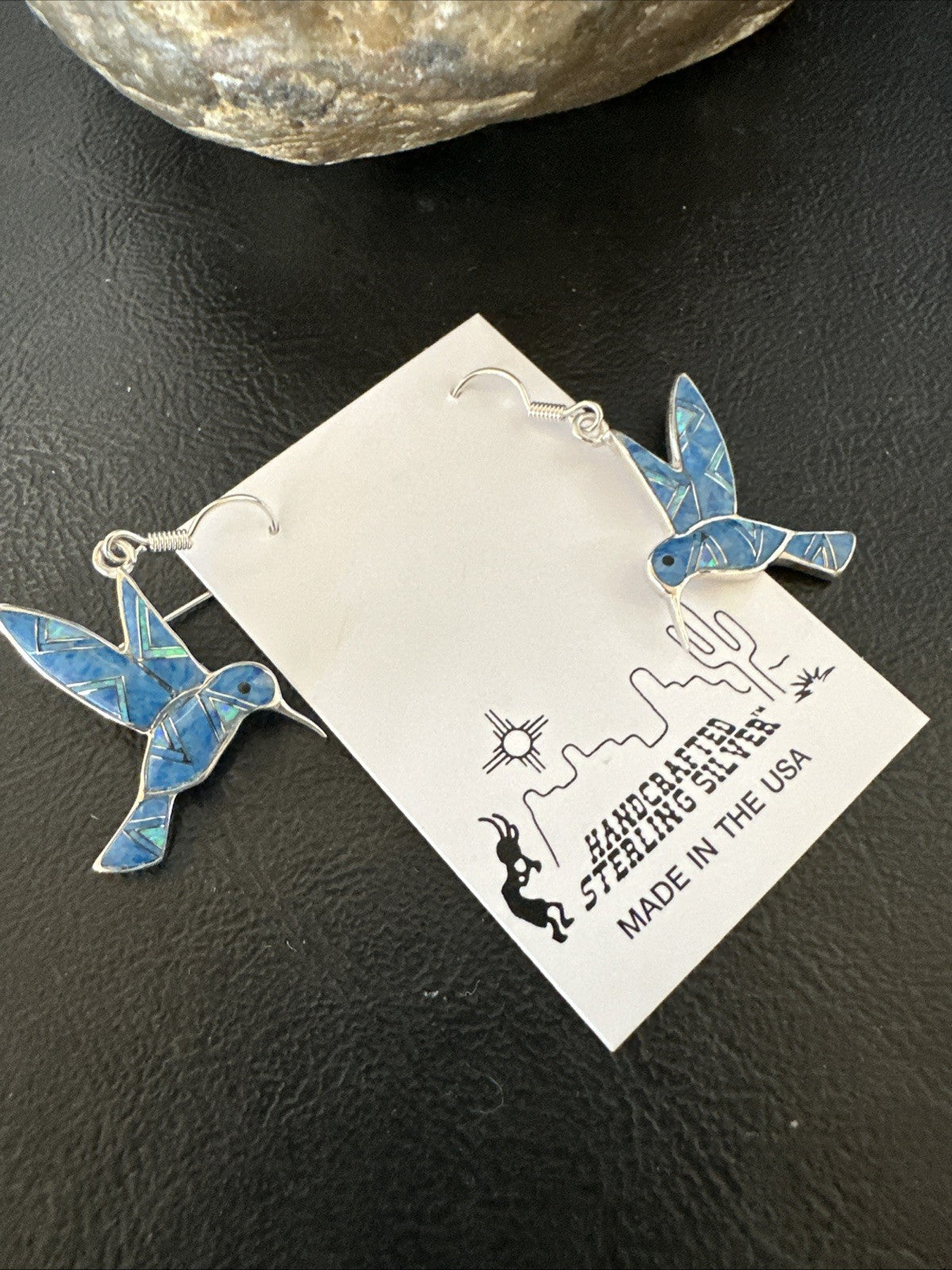 Blue Denim Lapis Opal Sterling Silver Hummingbird Dangle Earrings 19142