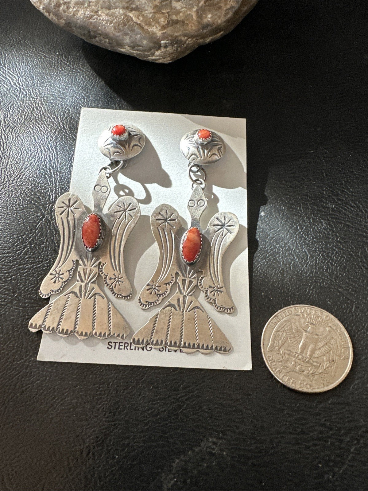 Thunderbird Navajo Womens Stamped Spiny Dangle Earrings Sterling Silver 19787