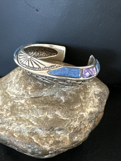 Mens  Purple Stone Lapis Navajo Sterling Silver Tufa Cast Cuff Bracelet 18146