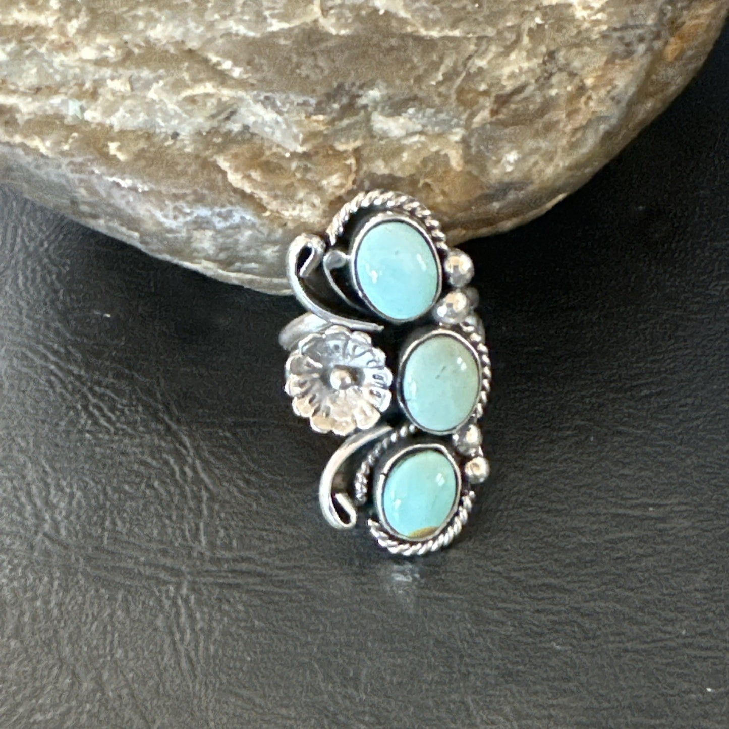 Yazzie Ring Blue Turquoise Navajo Sterling Silver Cluster Size 8.5 19225