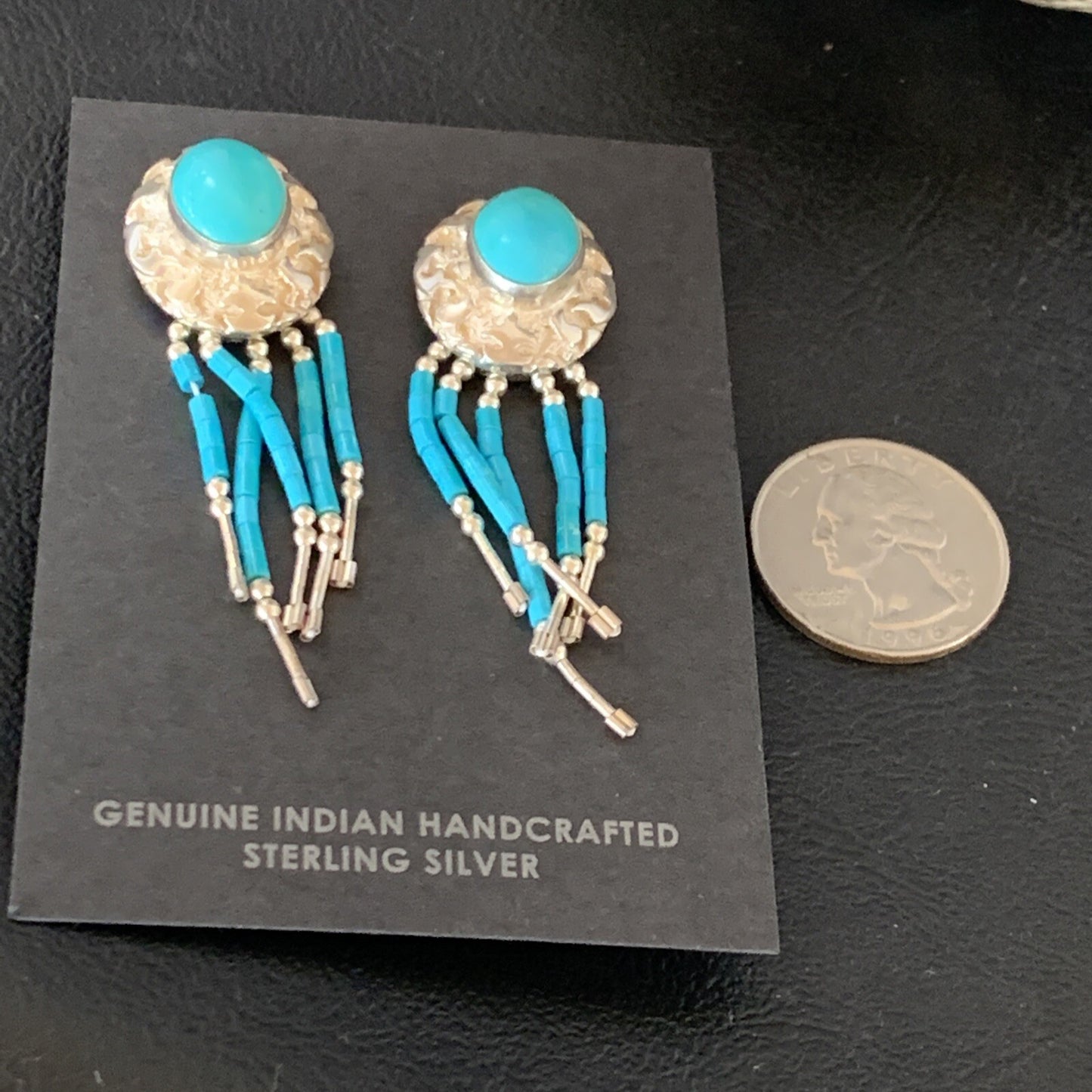 Native Womens Nugget Sterling Silver Blue Turquoise Dangle Earrings 2" 13013