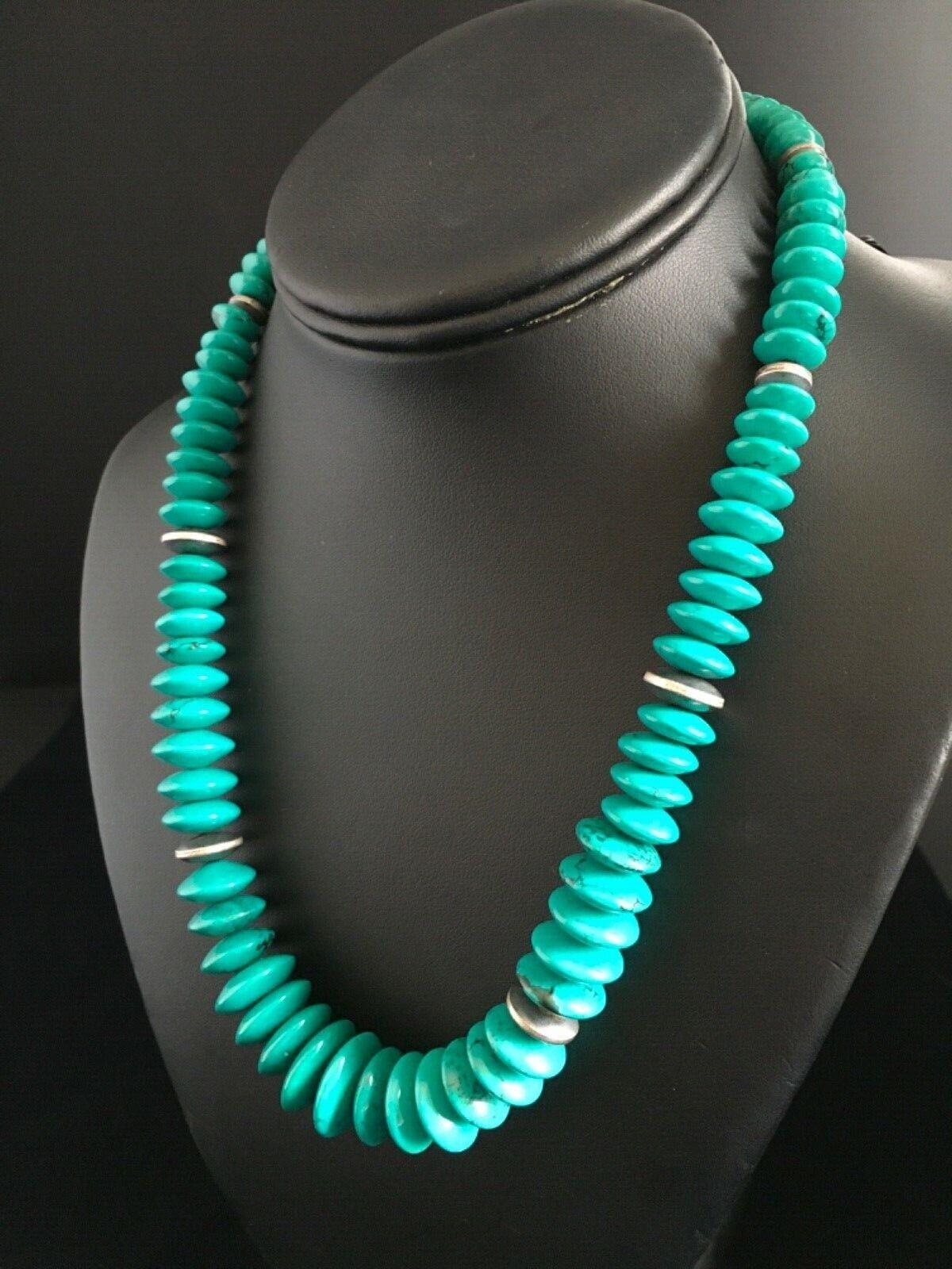 Navajo Teal Blue Turquoise Necklace Sterling Silver 18" Handmade 1730