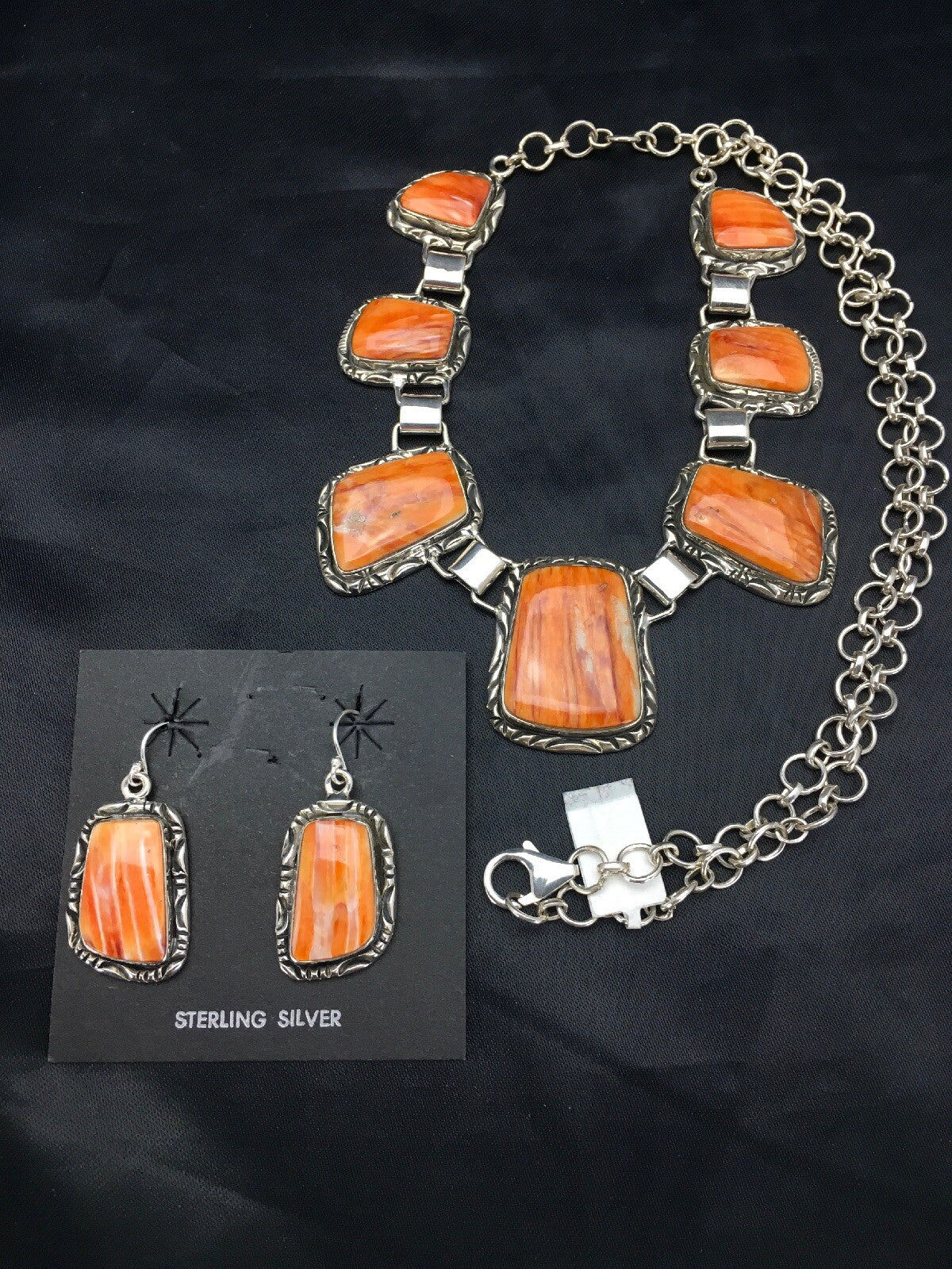 Orange Spiny Oyster Navajo Sterling Silver Necklace & Earring Set 02691