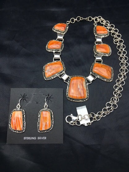 Orange Spiny Oyster Navajo Sterling Silver Necklace & Earring Set 02691