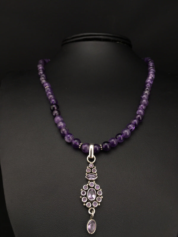 Amethyst Pendant Southwestern Navajo Beads Necklace 19" | Sterling Silver | Authentic Native American Handmade | 04914