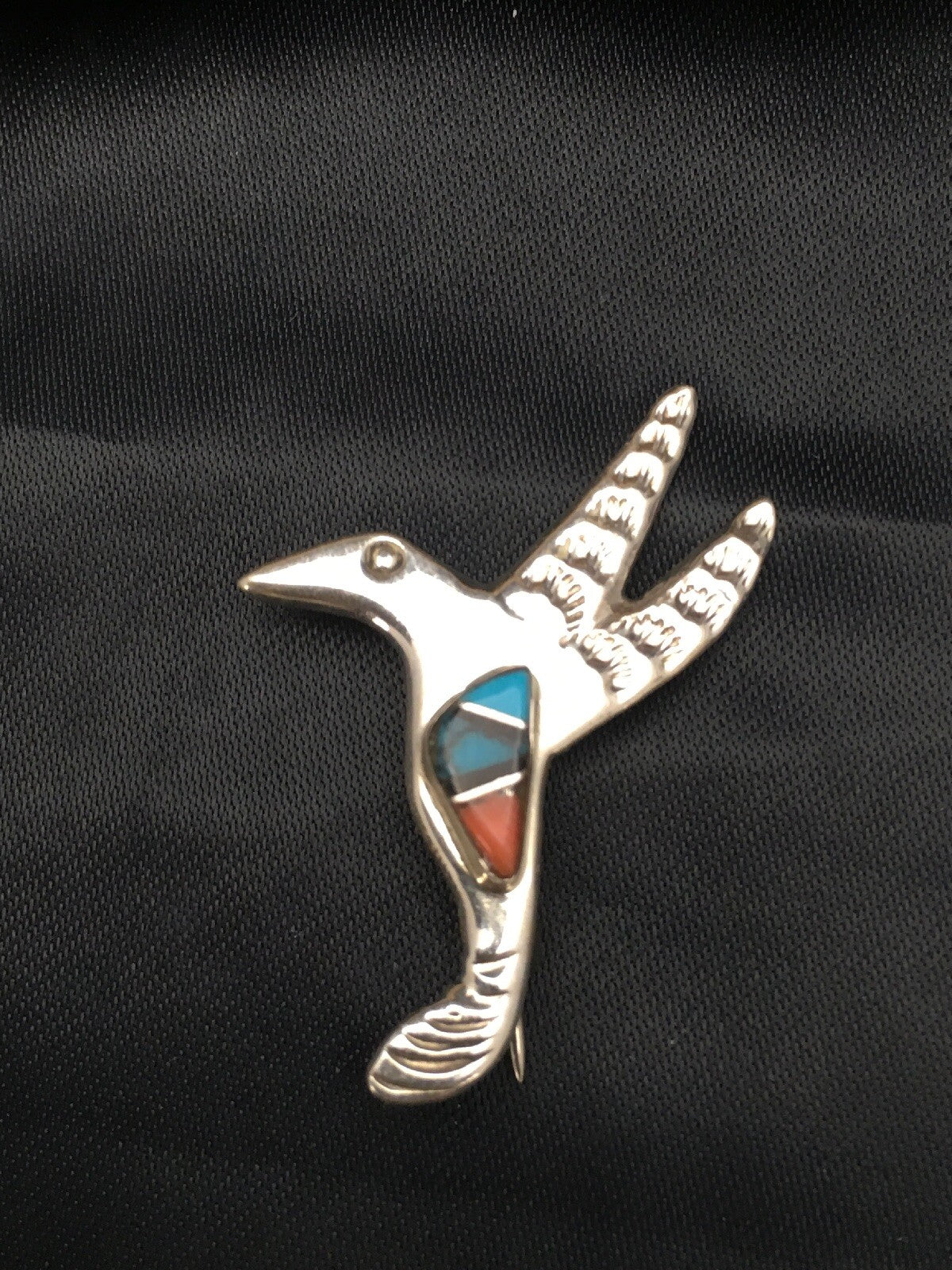 Coral & Turquoise Hummingbird Navajo Sterling Silver Inlay Pin 02901
