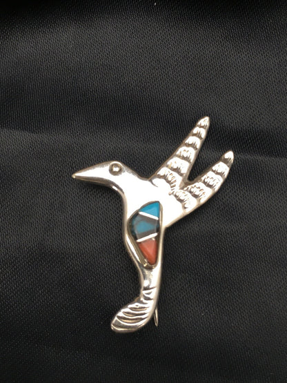 Coral & Turquoise Hummingbird Navajo Sterling Silver Inlay Pin 02901
