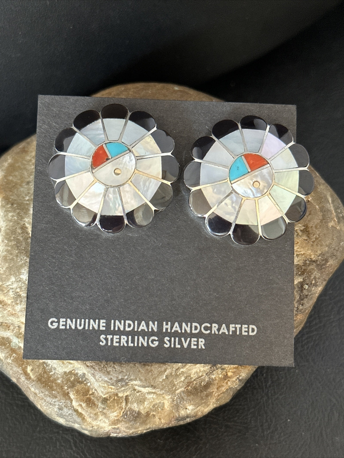 Coral Turquoise Onyx Abalone Zuni Sterling Silver Sunface Inlay Earrings 14769