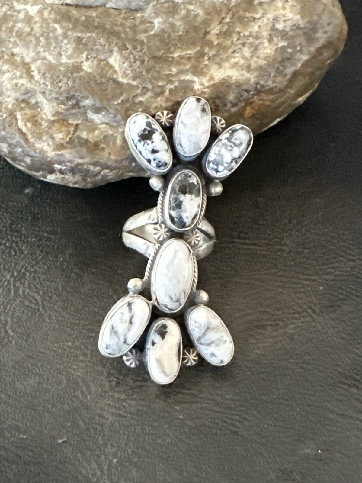 White Buffalo Turquoise Navajo Sterling Silver Cluster Ring Size 6.5 18623