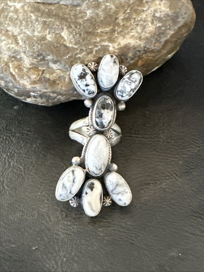 White Buffalo Turquoise Navajo Sterling Silver Cluster Ring Size 6.5 18623