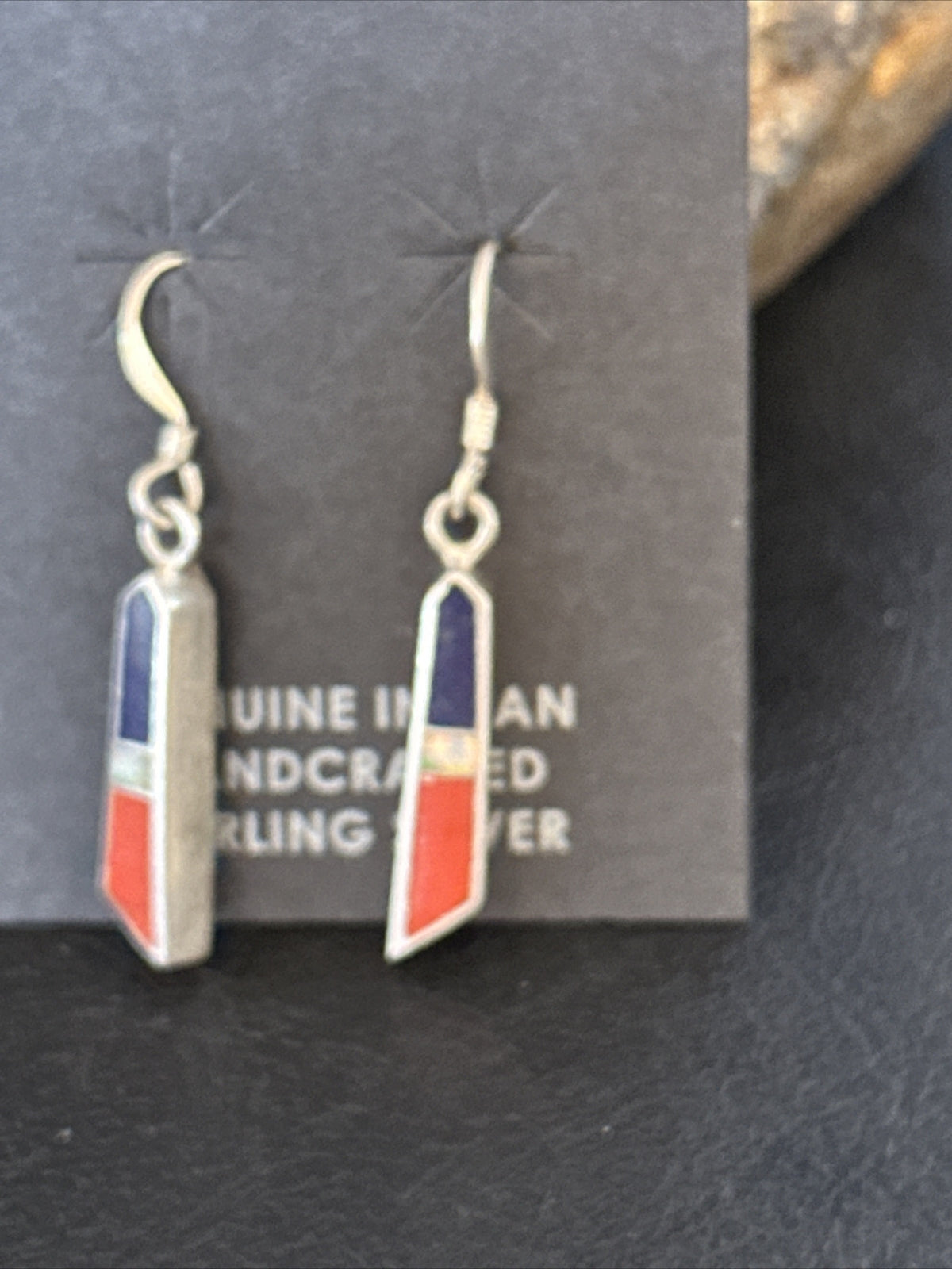 Lapis Opal & Coral Navajo Sterling Silver Inlay Earrings 1” 14766