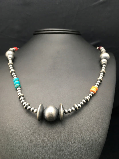 Turquoise Coral & Spiny Oyster Navajo Pearls Sterling Silver Bead Necklace 24"
