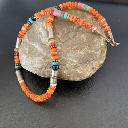 Turquoise Spiny Oyster & Coral Beads Sterling Silver Gold Necklace 10393
