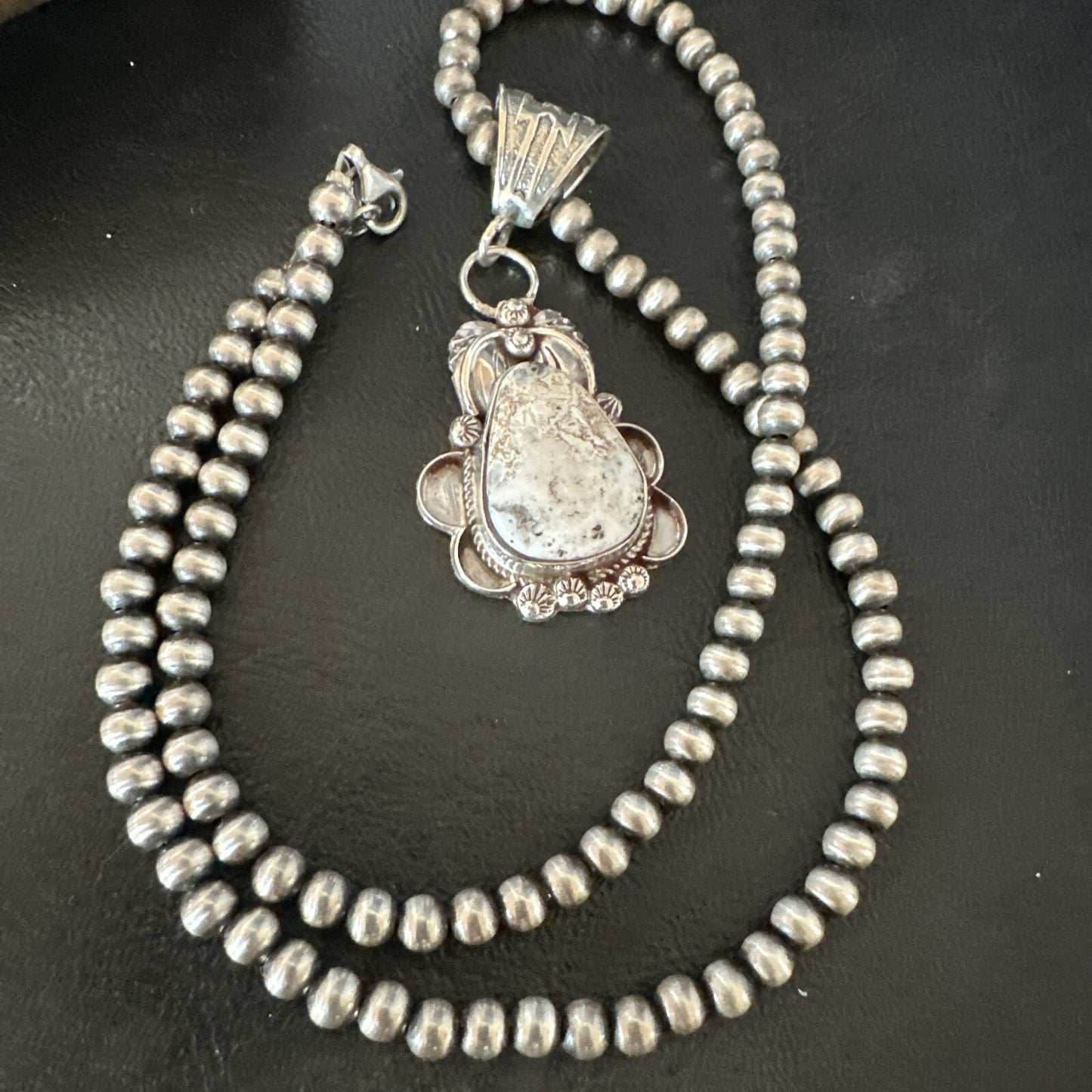 White Buffalo Turquoise Pendant  Sterling Silver Beads Necklace 17986