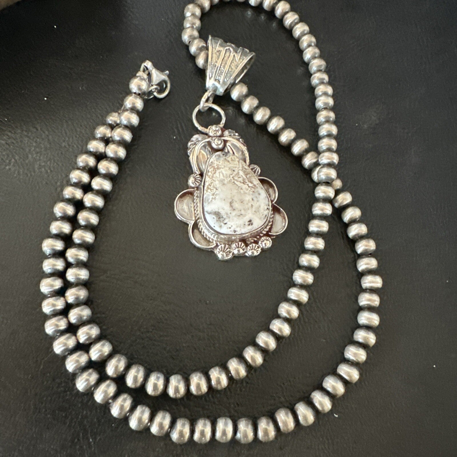 White Buffalo Turquoise Pendant  Sterling Silver Beads Necklace 17986
