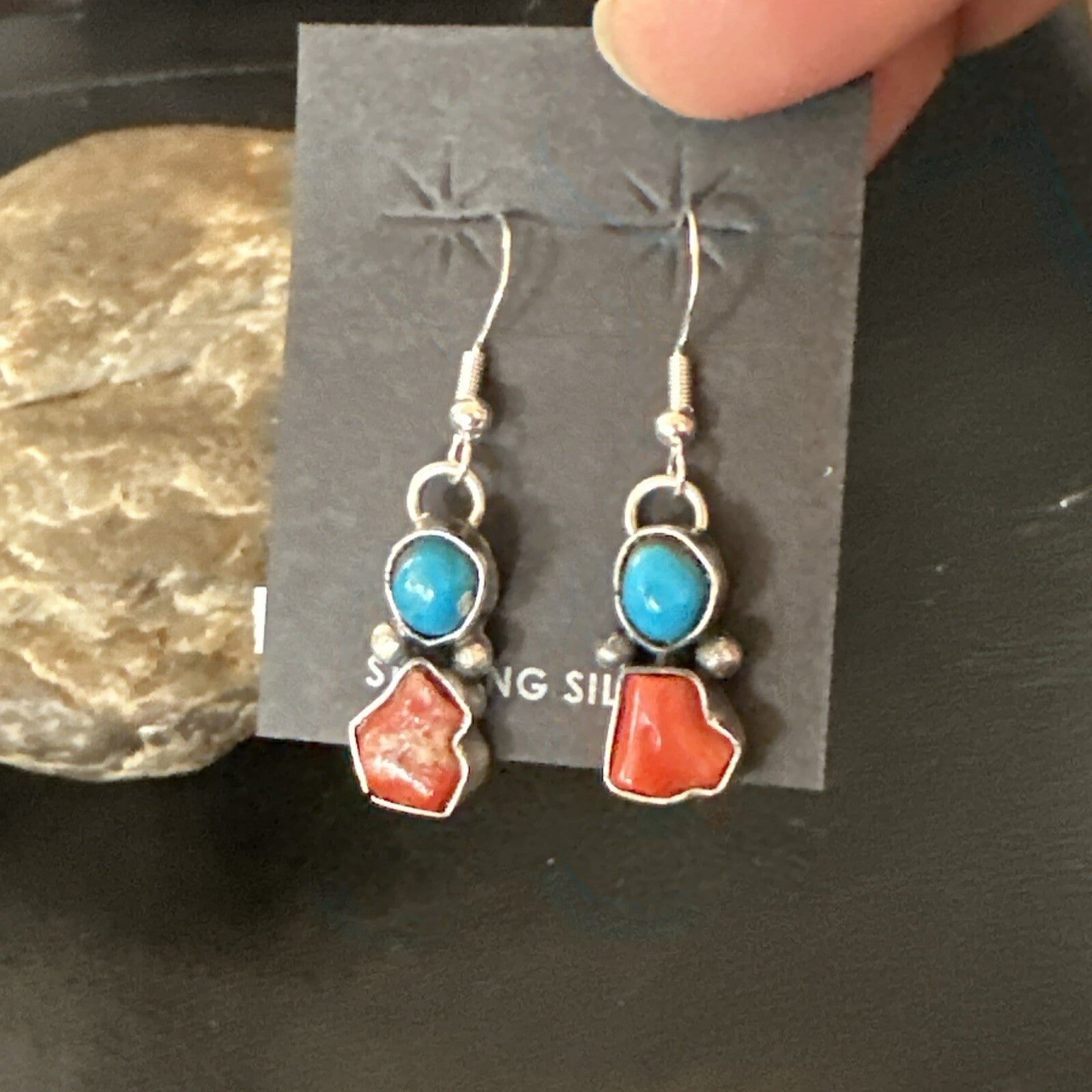 Handmade Blue Turquoise Red Coral Sterling Silver Navajo Dangle Earrings 18839