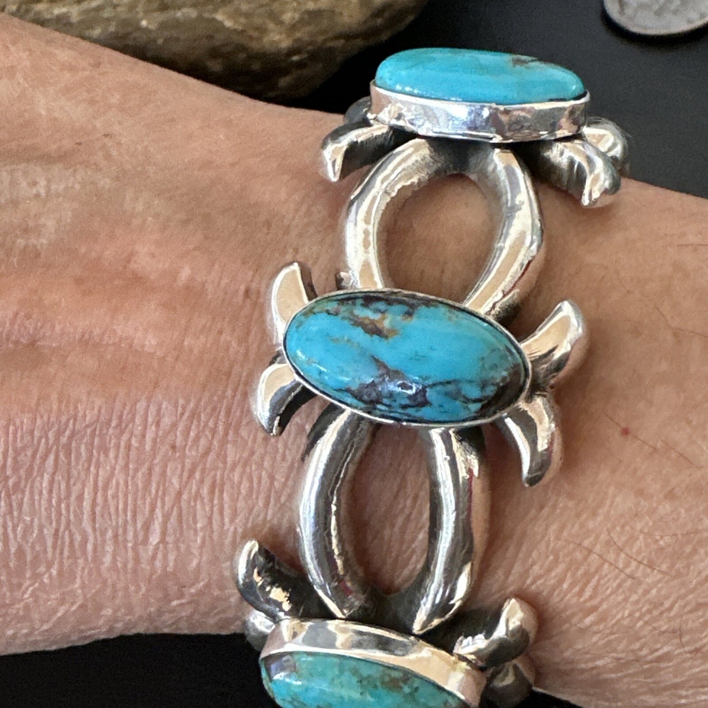 Tufa Cast Blue Turquoise 3 Stone Navajo Sterling Silver Cuff Bracelet 18572