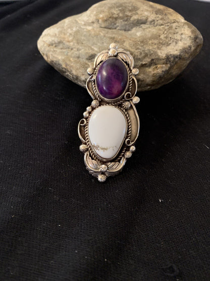 Southwestern Sterling Silver White Buffalo Purple Stone Ring Sz 8.5 00399
