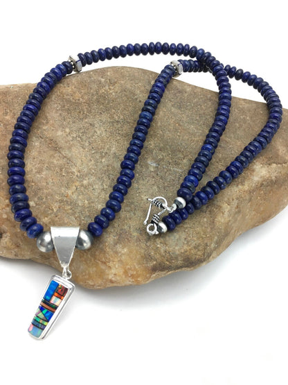 NAVAJO Sterling Silver Necklace Lapis Opal Pendant Set 22" 2907