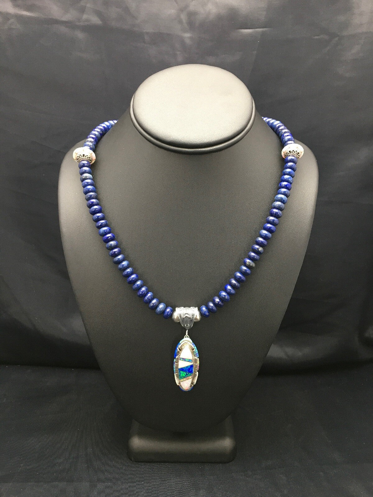 Opal Pendant Lapis Navajo Sterling Silver Necklace 02606
