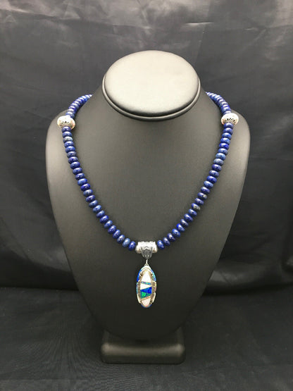 Opal Pendant Lapis Navajo Sterling Silver Necklace 02606