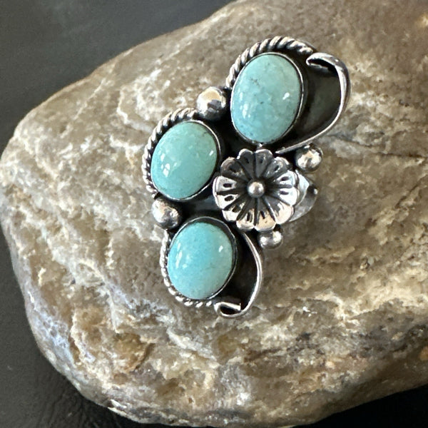 3 Besties Ring Green Turquoise Navajo Cluster Size 8 | Sterling Silver | Authentic Native American Handmade | 19161