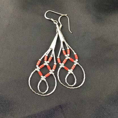 Native Red Coral Tube Heishi Dangle Liquid Sterling Silver Earrings 2" 03104