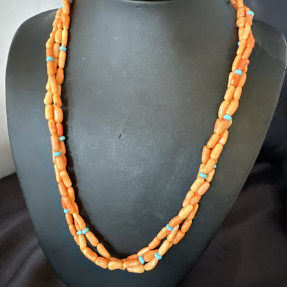 Native Turquoise Orange Coral Sterling Silver 3 Strand Necklace 21" 17818