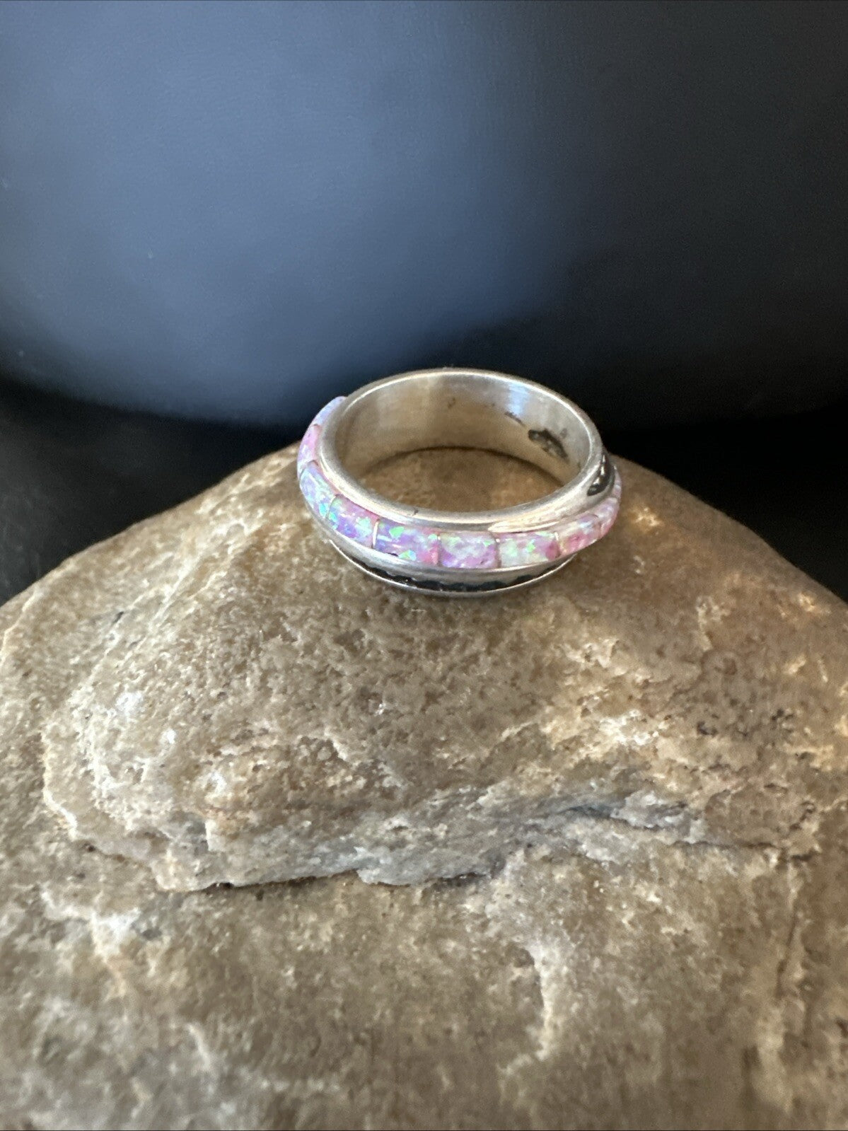 Pink Opal Navajo Sterling Silver Band Inlay Ring Size 9 18784
