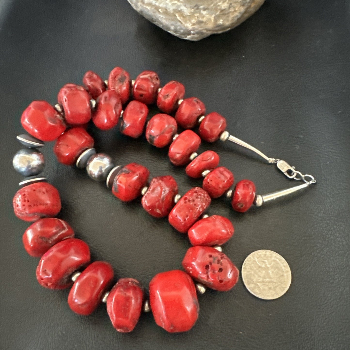 Chunky Navajo Red Bamboo Coral Sterling Silver Bead Necklace 24” Graduated 19531