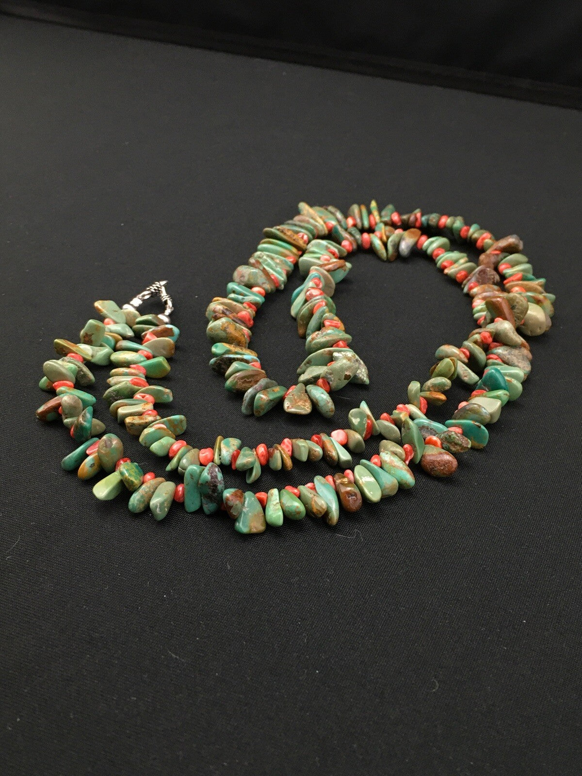 Green Turquoise & Spiny Oyster Navajo Sterling Silver Necklace 34" 04738