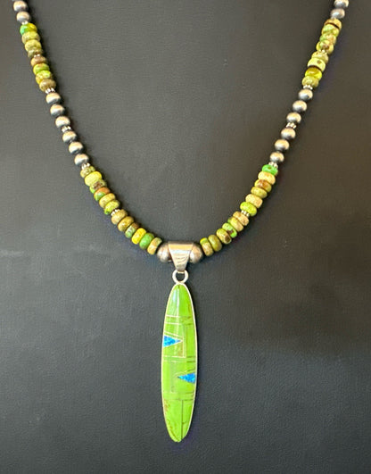Womens Green Gaspeite Turquoise Opal Pendant Sterling Silver Necklace 19549
