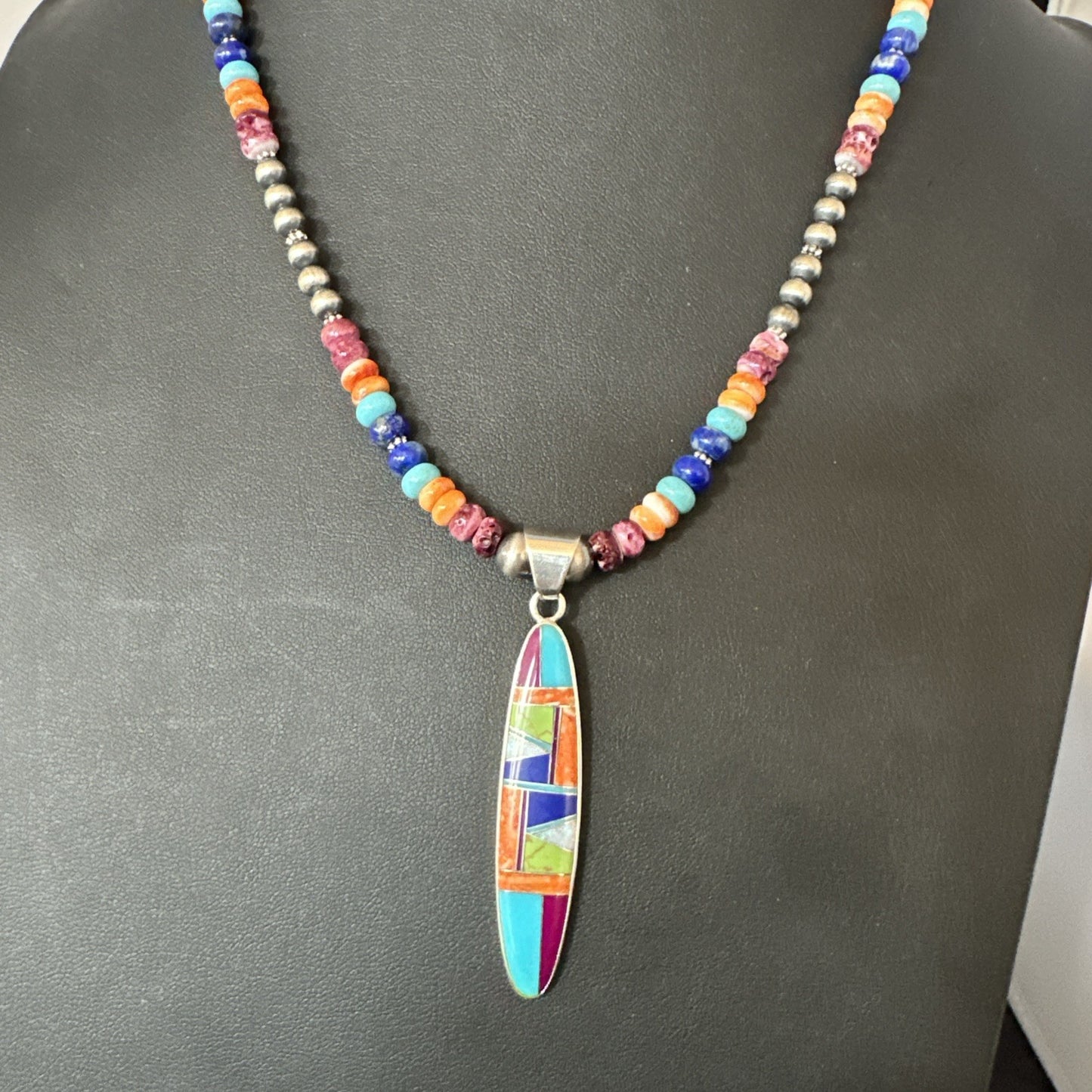 Multicolor Turquoise Spiny Navajo Sterling Silver Inlay Pendant Necklace 19643