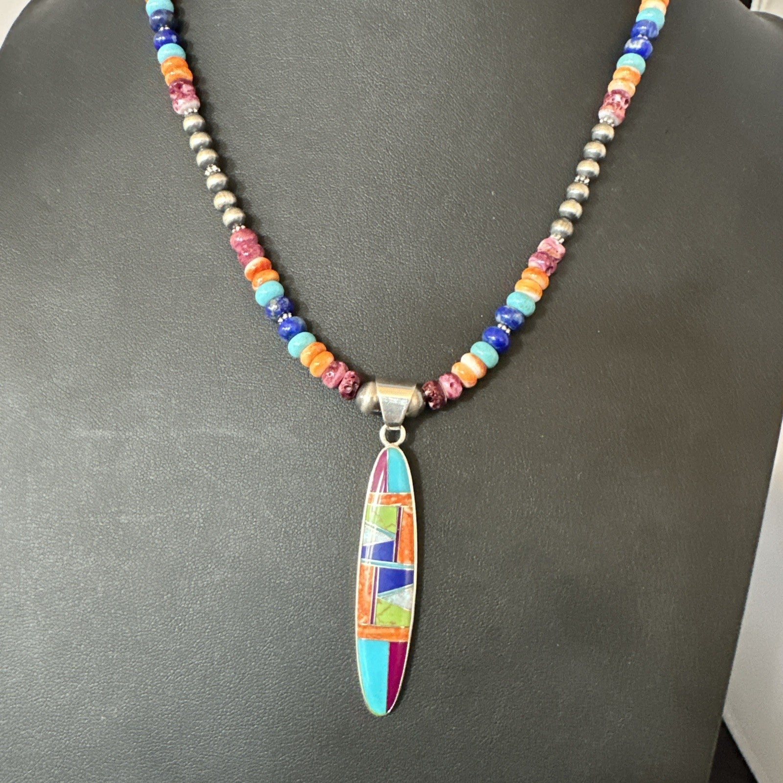 Multicolor Turquoise Spiny Navajo Sterling Silver Inlay Pendant Necklace 19643