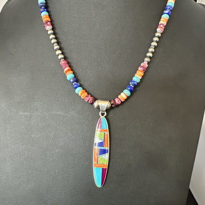 Multicolor Turquoise Spiny Navajo Sterling Silver Inlay Pendant Necklace 19643