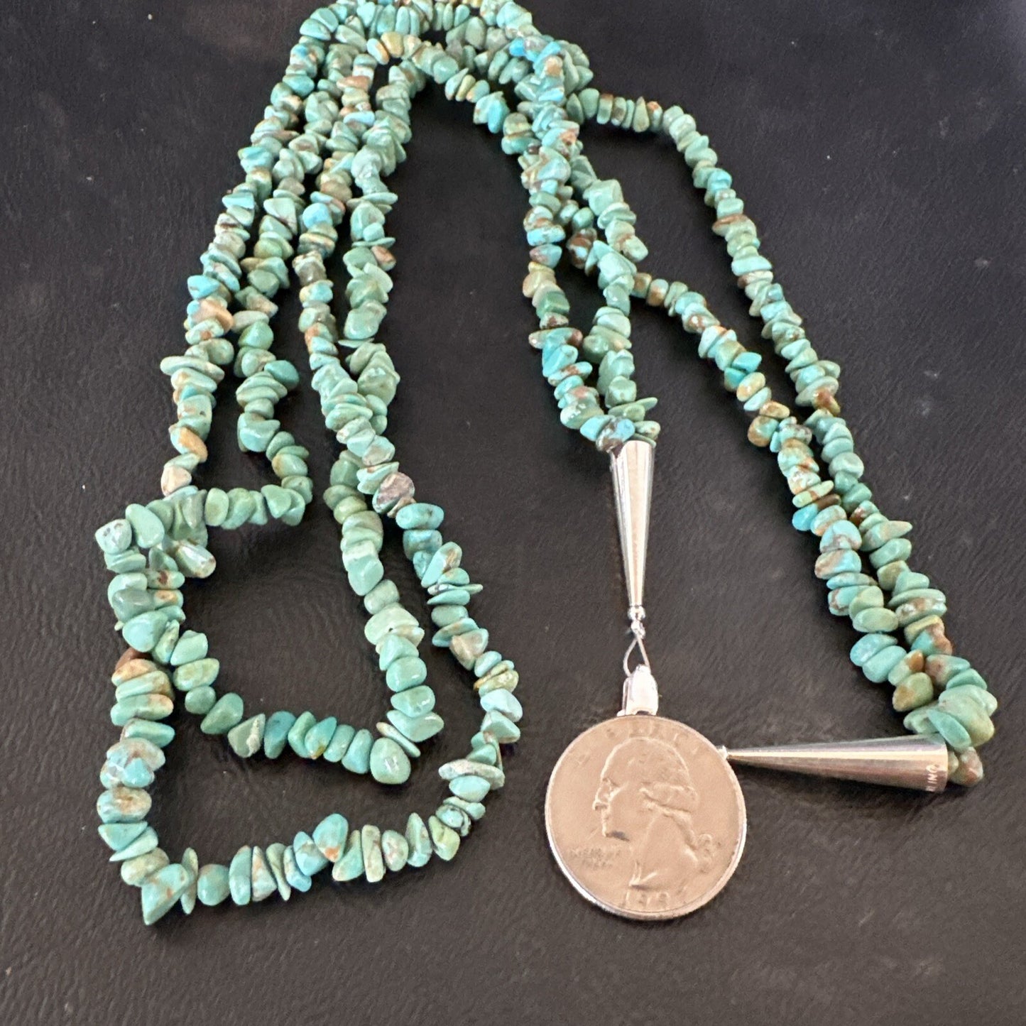 Green Turquoise 2S Nugget Beads Navajo Sterling Silver Necklace 30” 17780