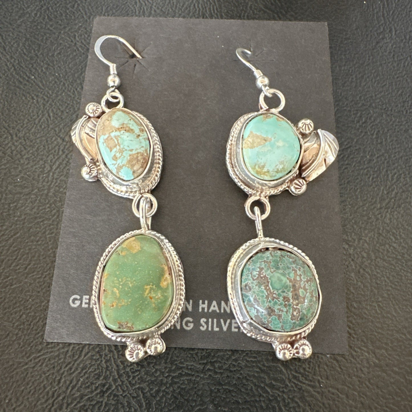 Green Royston Turquoise Navajo Sterling Silver Dangle Earrings 19602