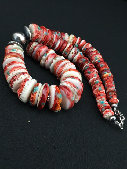 Native Spiny Oyster Graduated Navajo Sterling Silver Necklace 21" 04719