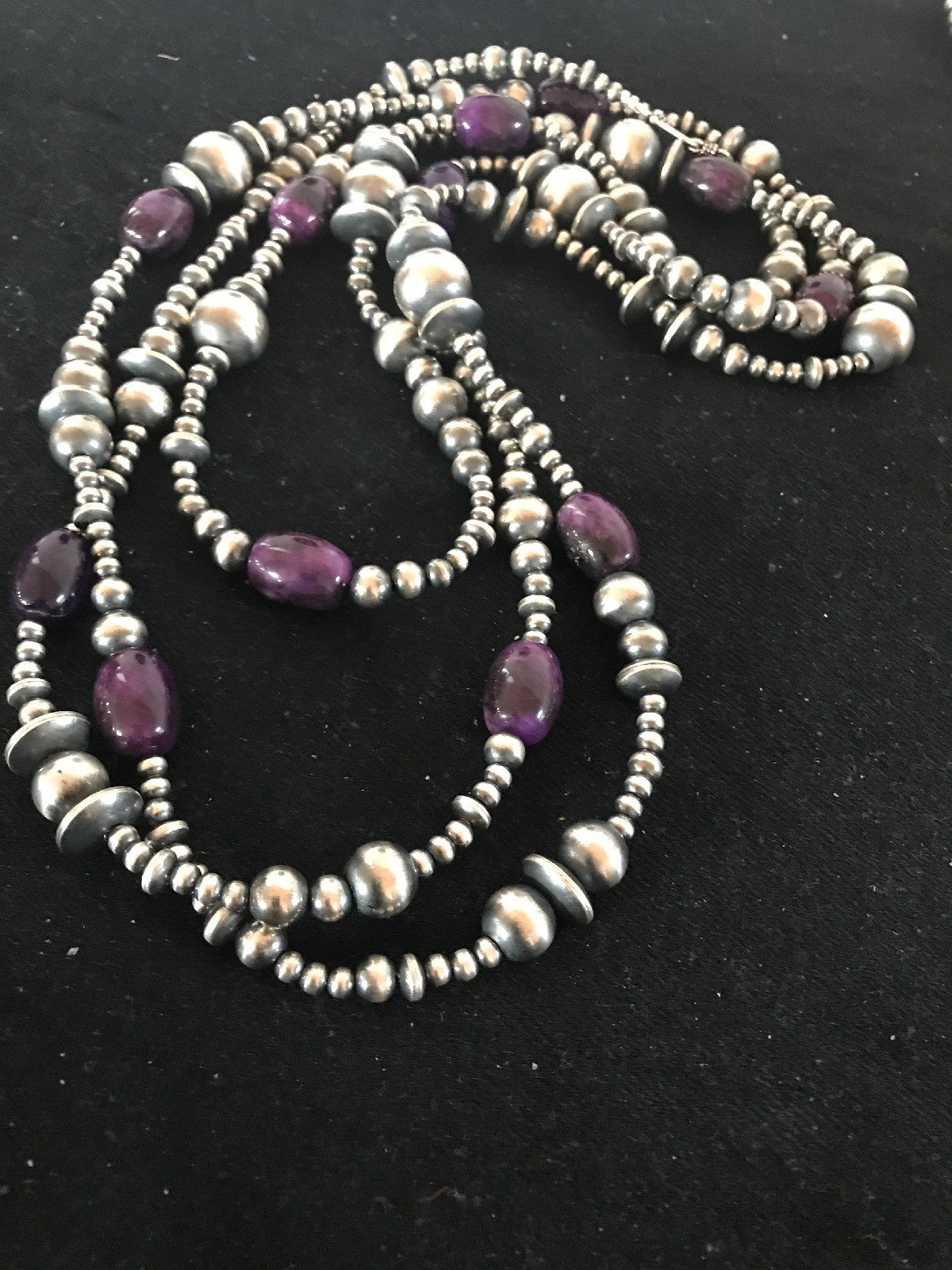 Native Long Navajo Pearls Sterling Silver Purple Stone Bead Necklace 70" 08052