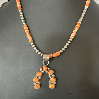 Navajo Pearls Sterling Necklace Orange Spiny Oyster Cluster Naja Pendant 19552