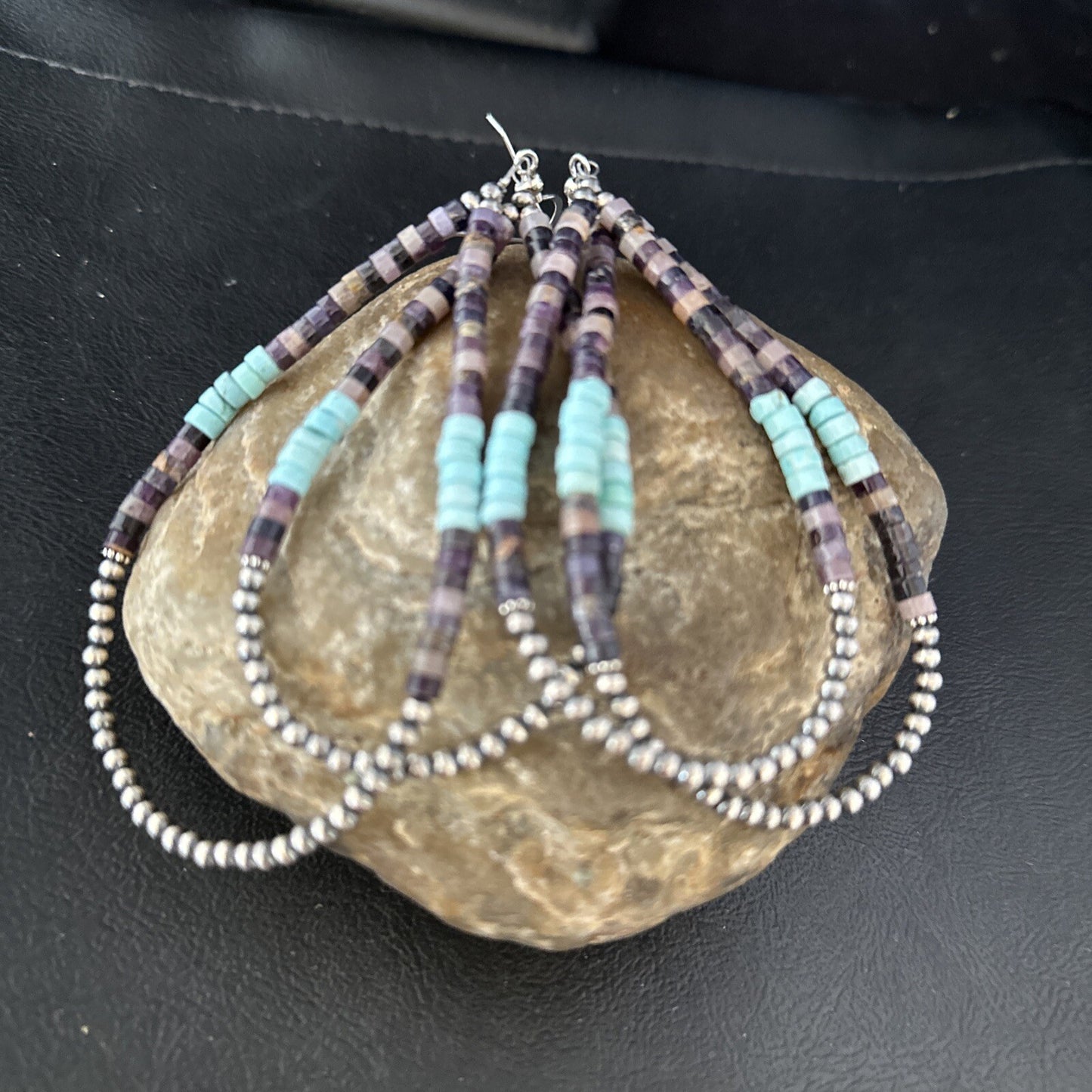 XL  Purple Stone Turquoise Sterling Silver Heishi Bead Earrings 4" 17837