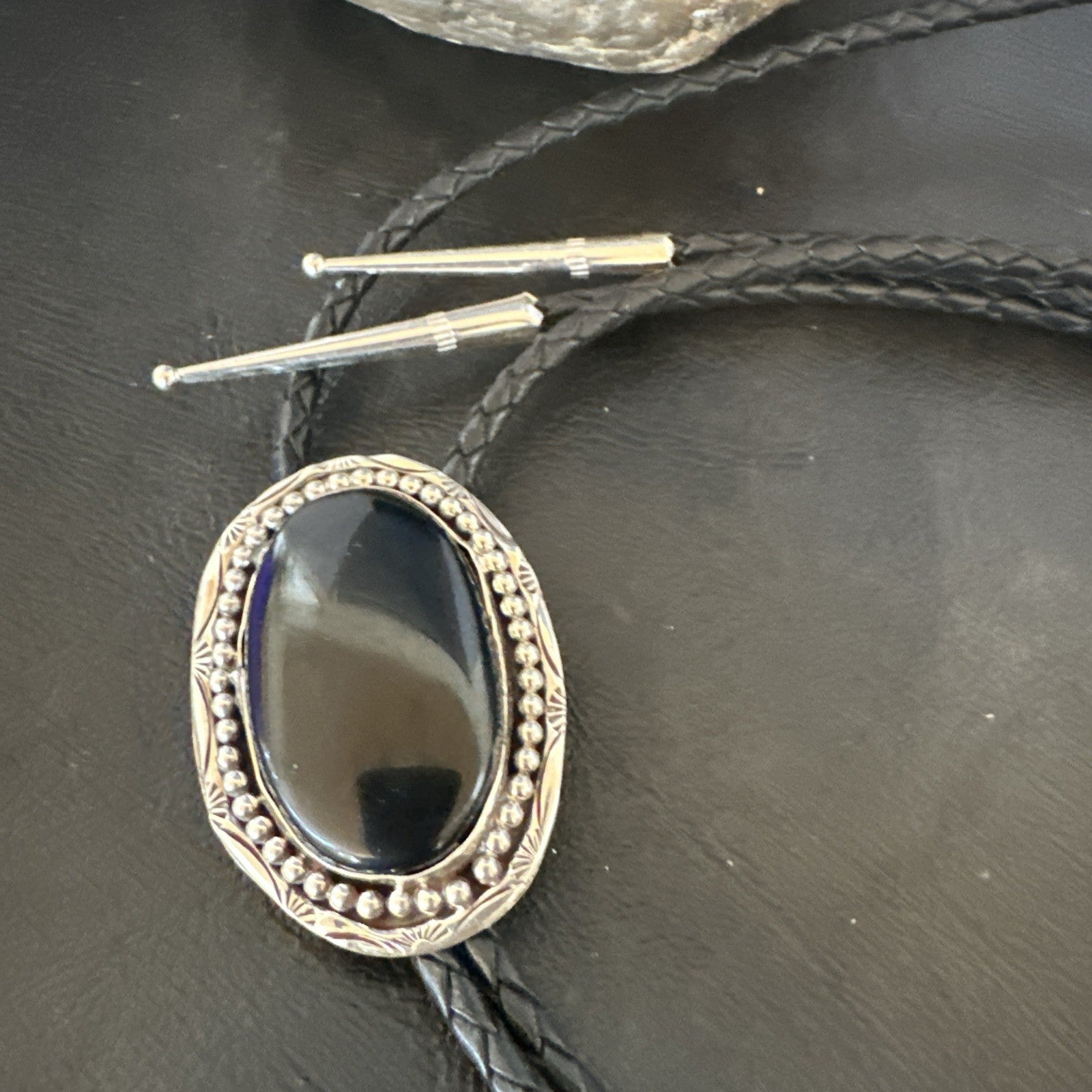 Mens Black Onyx Navajo Sterling Silver Bolo Tie 19053