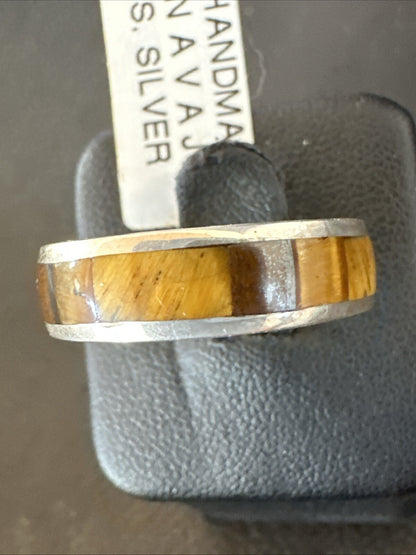 Women Coffee Tigers Eye Navajo Sterling Silver Inlay Ring Size 7 18704