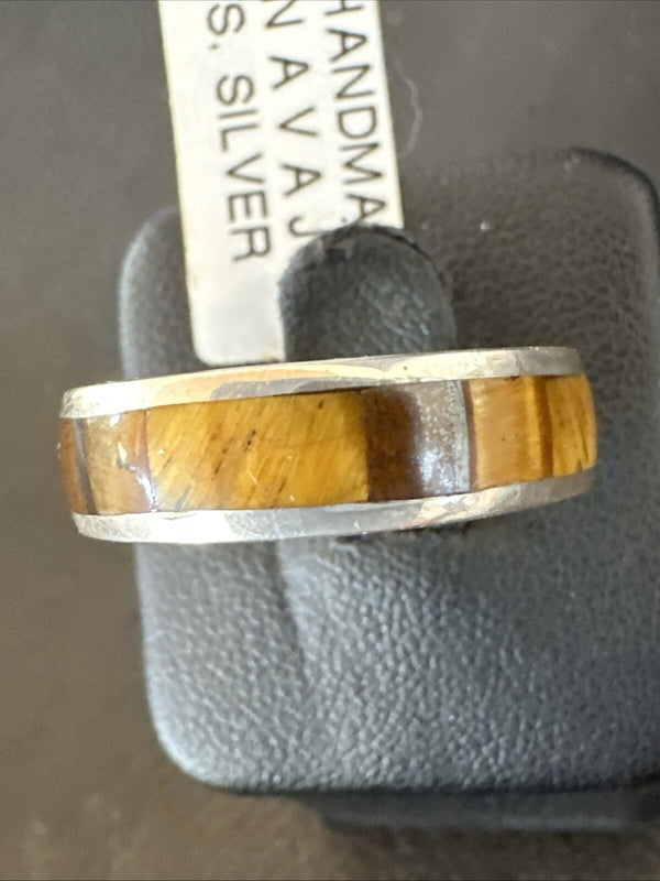 Women Coffee Tigers Eye Navajo Inlay Ring Size 7 | Sterling Silver | Authentic Native American Handmade | 18704